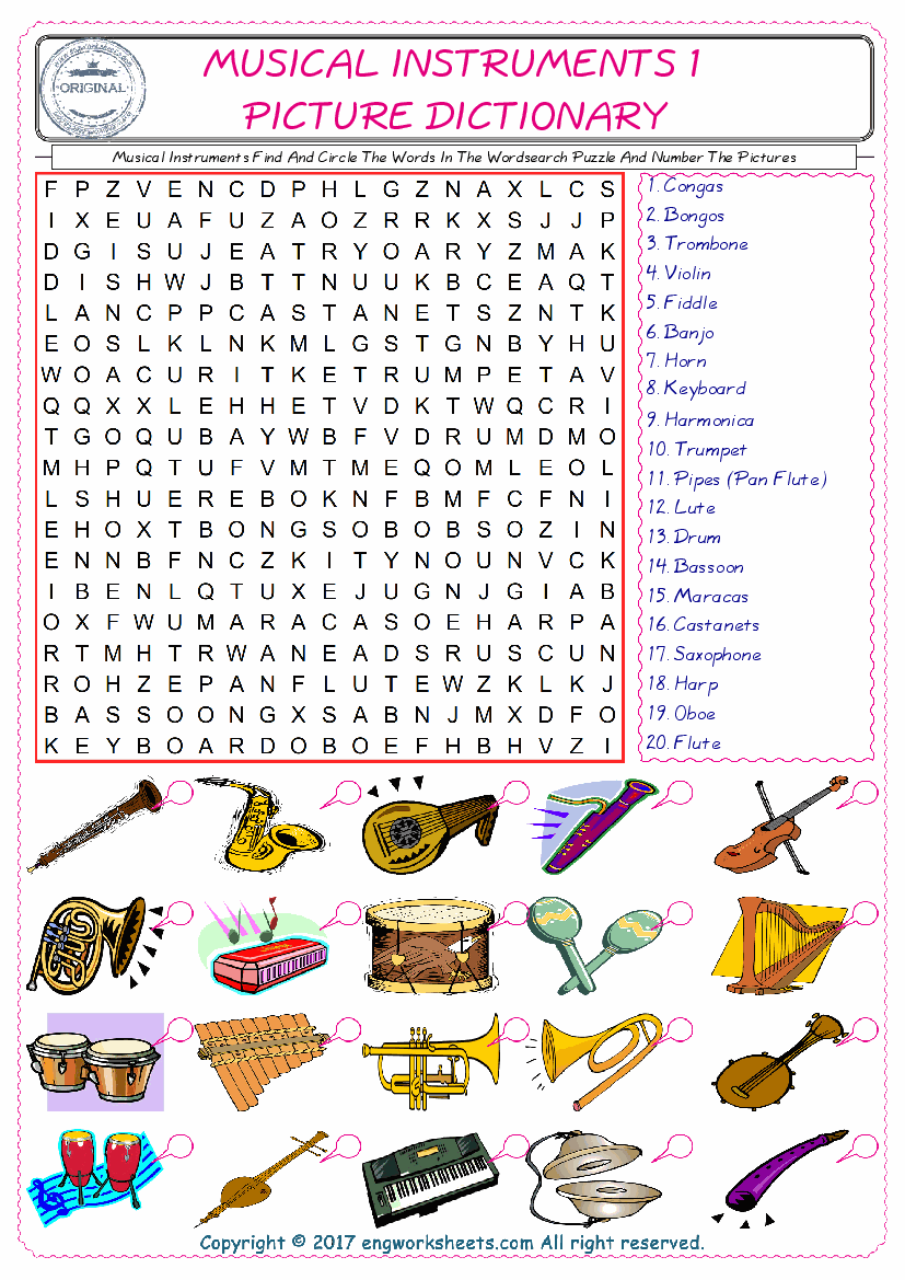  ESL wordsearch worksheets for kids, find Musical Instruments words in the word wordsearch write its number on its picture English worksheet. 